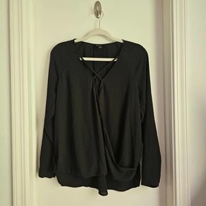 Worthington Keyhole Wrap Long Sleeve Sheer Blouse Top Black L